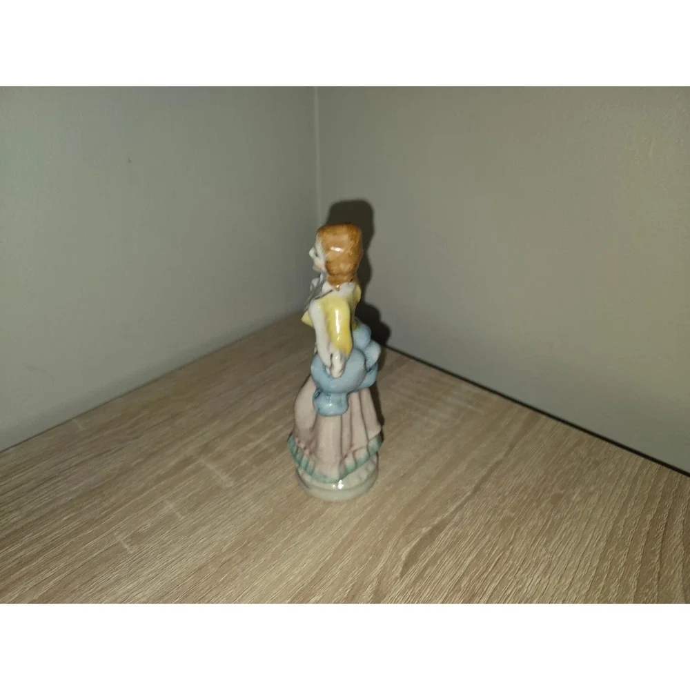 Vintage Hand Painted Porcelain Colonial‎ Lady Figurine Blue Pink Yellow Japan